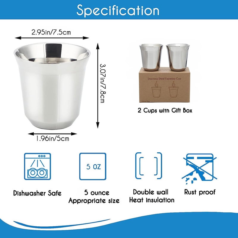 Easyworkz Stainless Steel Espresso Cup 2pcs Set Double Wall Insulated Metal Demitasse Cups 2.5 oz - Image 2